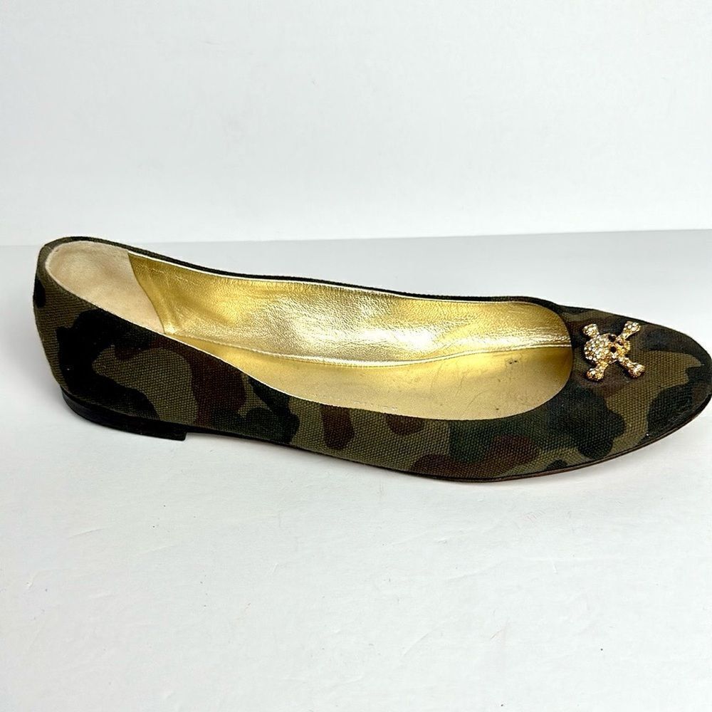 Giuseppe Zanotti Green Camouflage Canvas Crystal Skull Ballet Flats Size 40 US10 - Picture 2 of 15